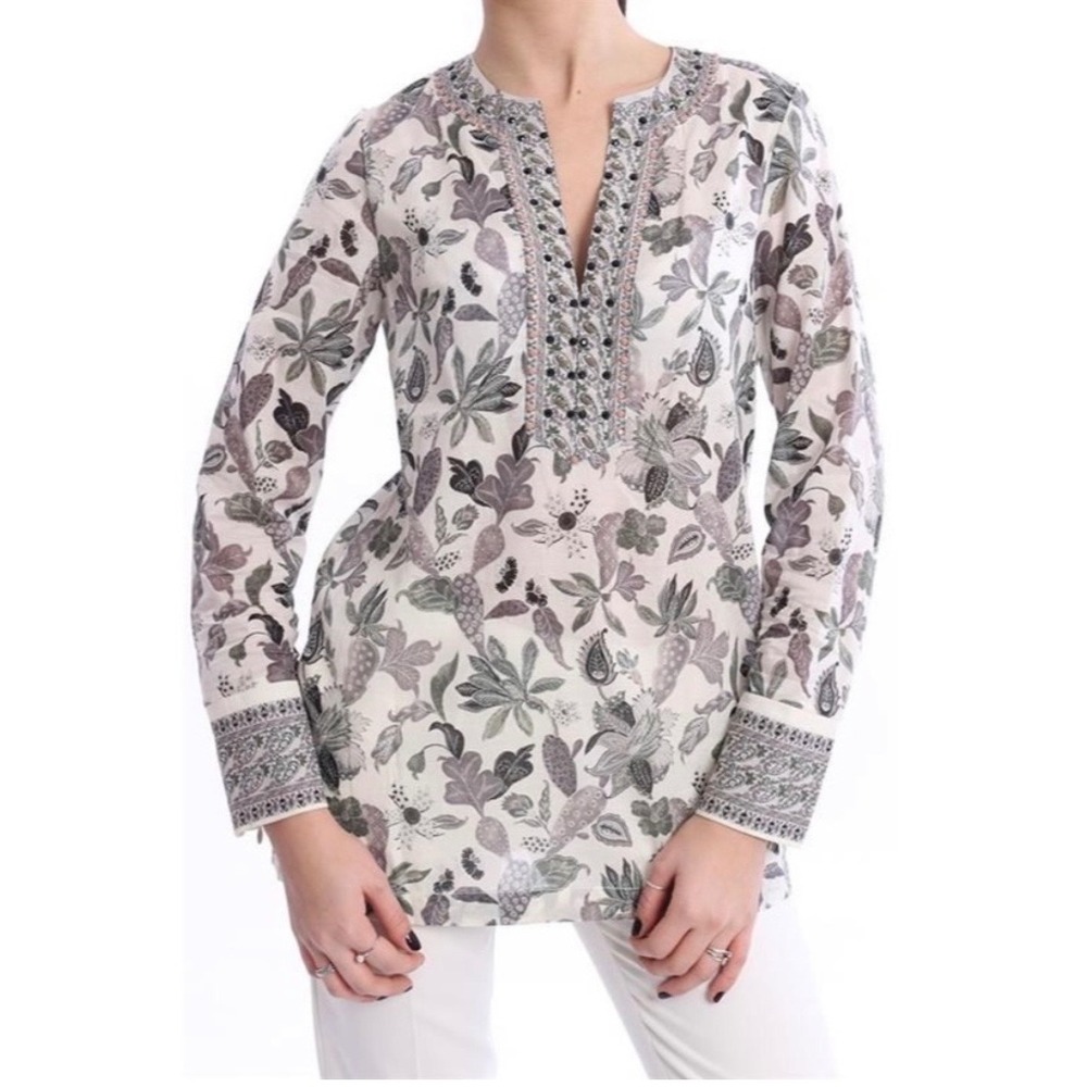 Tory Burch Embellished Botanical Print Tunic Top Size 10